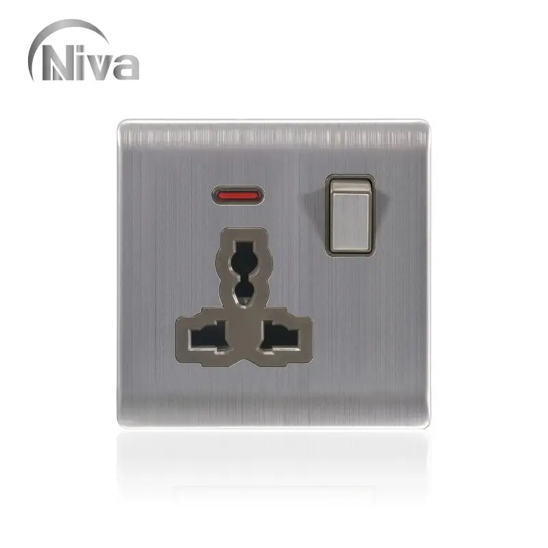 Wholesales Factory British standard stainless steel faceplate 13A 3 pin universal multi functional switched socket with neon