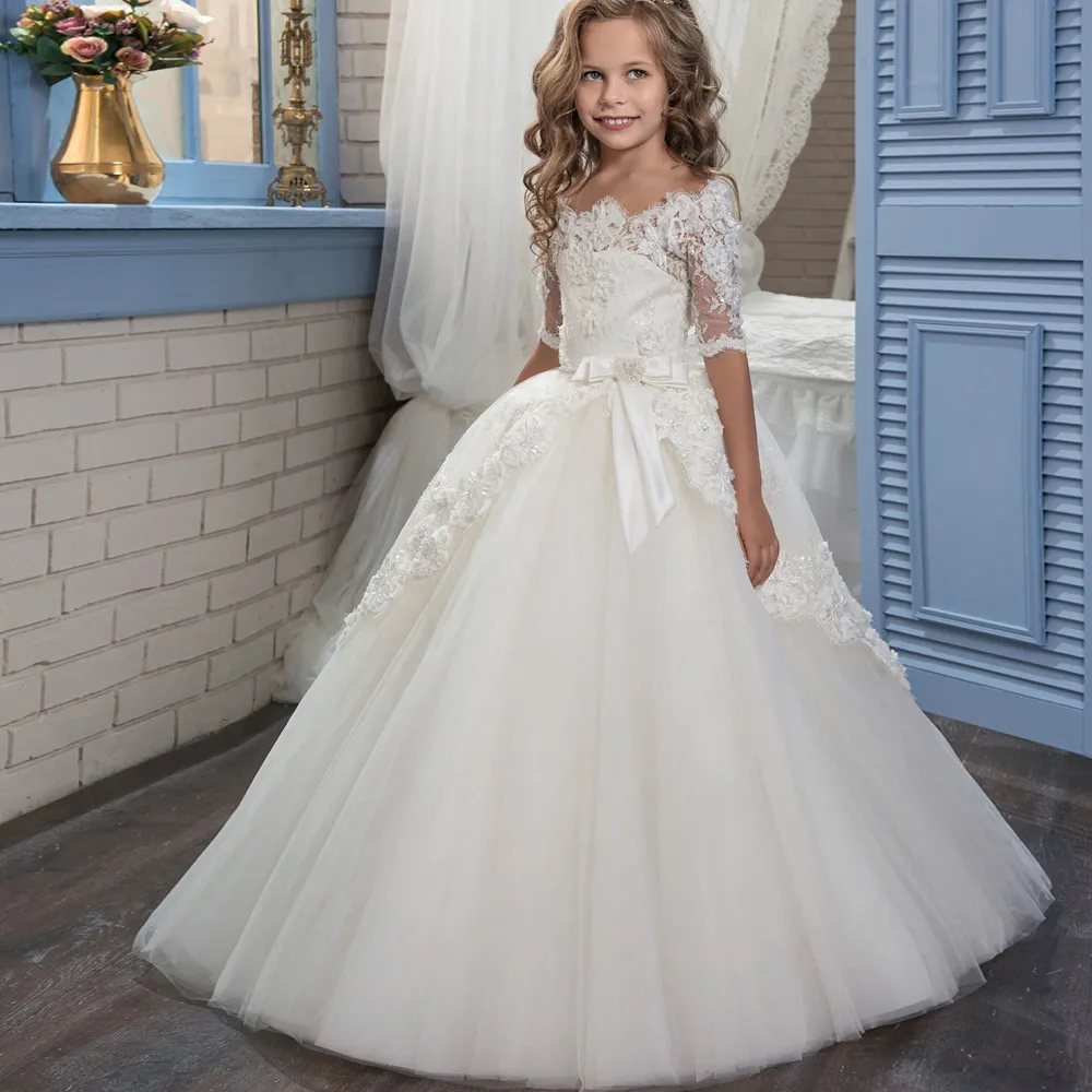 Boutique Wholesale Ball Gowns For Kids Girl Off Shoulder Lace Princess Dress Ruffles Tulle Bridesmaid Wedding White Dresses