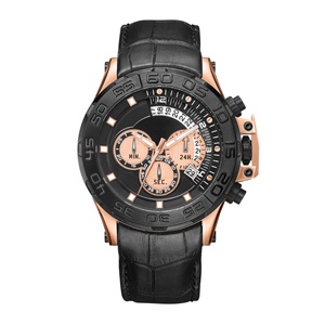 Orologio Cronografo da Uomo con Movimento Giapponese, Quadrante 24 Ore, 3 Lancette, Cassa in Acciaio Inossidabile Nero, Cinturino in Pelle, Impermeabile, Luminoso, OEM - Product Image 2