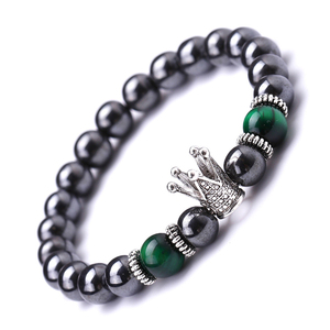 Wholesale 8mm Hematite Tiger Eye Crown <strong>Bracelet</strong> Silver Magnetic <strong>Bracelets</strong> with <strong>Gold</strong> Plated Crystal and <strong>Pearl</strong> for Women and Men - Product Image 5