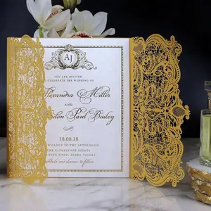 Online özel lüks Monogram tasarım soluk altın lazer kesim düğün davetiyeleri doğum günü davetiyesi kartları dileğiyle iyi kartları