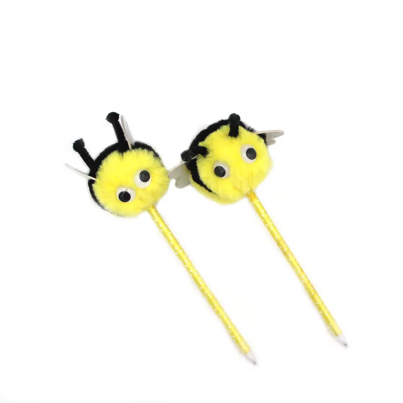 Novedad, divertido bolígrafo amarillo con forma de abeja y Pompón para niños, encantador bolígrafo de peluche de abeja de dibujos animados