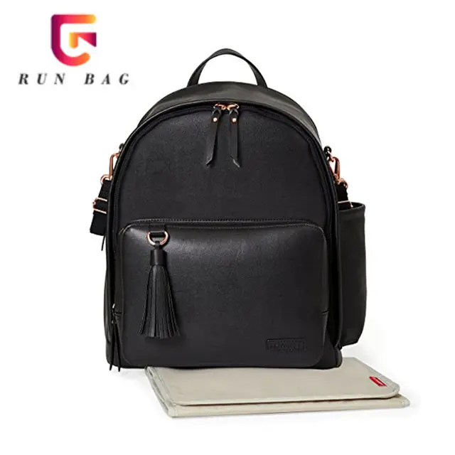 Baby Backpack Stylish Baby Travel Bag Black Vegan Leather Diaper Bag Backpack With Stroller Straps