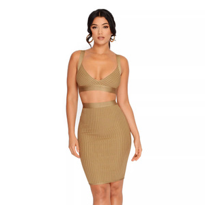 Bodycon Set Rok Midi Balutan Wanita Set 2 Potong Gaun Oranye Berkualitas Tinggi