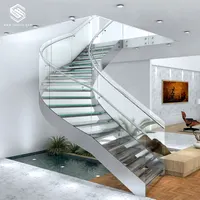 Современный стальной изогнутый лестничный дизайн со стеклянными ступеньками и устанавливается со светодиодной подсветкой для вилл