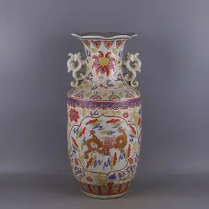 中国清朝家用玫瑰花瓷陶瓷裂纹花瓶与龙和凤凰设计