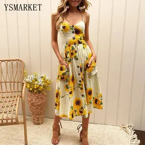 Summer Women Elegant Dresses Sexy Backless Spaghetti Strap Print Beach Dress Boho Pockets Loose Dress Robe Femme Vestidos