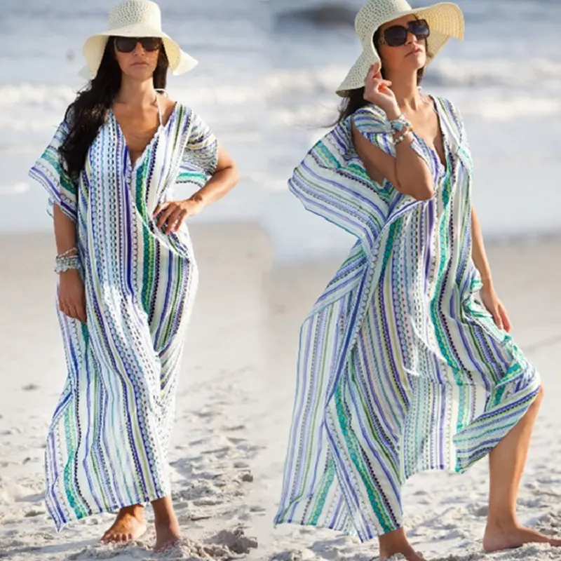 Groothandel Lady Holiday Zomer Beachwear V-hals Chiffon Gestreepte Gedrukte Bikini Sarong Kaftan Cover Up