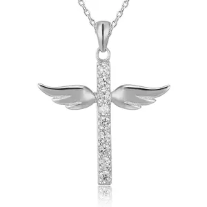POLIVA Fashion Design Real 925 Sterling Silver om Pink Diamond Cross Angel Wing Pendant