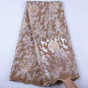 Gold Beaded Sequined ลูกไม้ผ้าสำหรับไนจีเรียผู้หญิง Party Dresses คุณภาพสูงลูกไม้แอฟริกันผ้า Rhinestones 1601