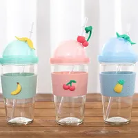 Garrafa de silicone para crianças, logotipo personalizado sem bpa para smooie, manga de vidro, copo reutilizável, garrafa de chá, copo com tampas e canudos