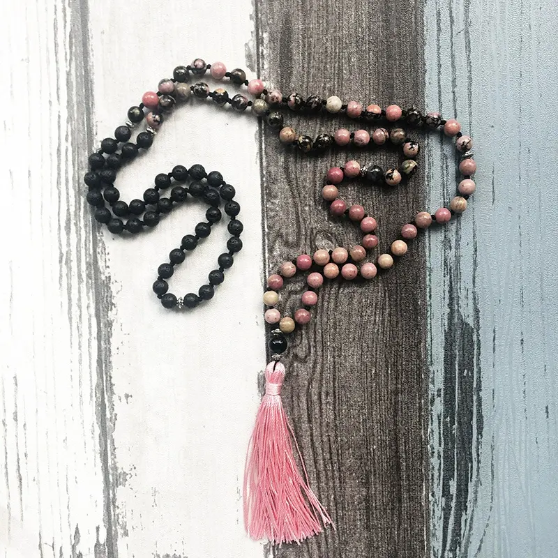 ST0590 Pink Black Rhodonite Lava Stone Mala Necklaces Knotted 108 Beads Mala Necklace Handmade Long Tassel Necklace Gift