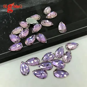 Atacado teardrop plana para costura, pedras de costura, vidro, cristal 10.5x18mm, cor violeta para vestido de dama de honra