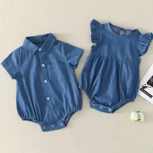 Roupas infantis 100% algodão, peça jeans para bebês meninos e meninas, manga curta