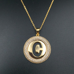 Echsio circón ronda Tag Circle con seguir la letra C collar de encanto para las mujeres delgadas de oro blanco cadena XL390 - Product Image 1