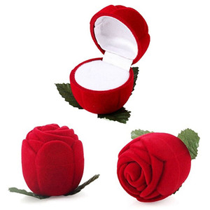 Romantic Rose Ring Box Flower Flocking Holder Velvet Wedding Propose Engagement Valentine Day Gift Box Packing Jewelry Case