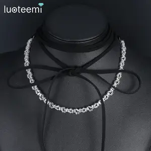 LUOTEEMI Kalung Choker Suede Panjang Wanita, Kalung Choker Baru dengan Zirkonia Kubik Berkilau Tidak Beraturan untuk Wanita