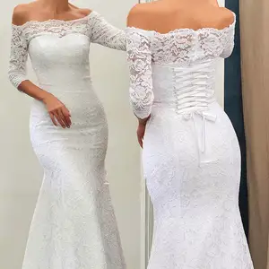 NE272 Newest Lace Wedding Dress Mermaid Off Shoulder Gown Custom Size Illusion 3/4 Sleeve Length Bridal Gown