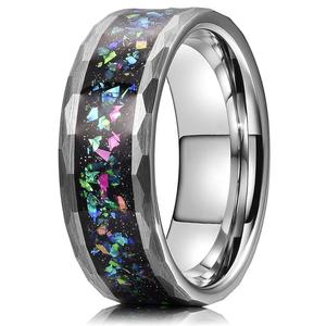 8mm Faceted Silver and Black Tungsten Carbide <strong>Opal</strong> Wedding <strong>Ring</strong> for <strong>Men</strong> - Product Image 4