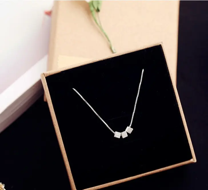 S925 pure silver female drawstring square pendant chain women short necklace sweet Necklace Gift