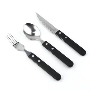 POM Wooden black handle modern tableware with stainless steel flatware sets steak knife & forks dinner spoon cutlery set