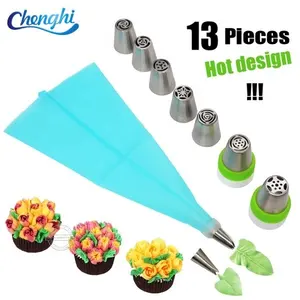 Dekorasi Kue 13 Buah/Set Kantong Kue Mulut Pipa Bunga Rusia-Tiga Warna Coupler-Dekorasi DIY Makanan Penutup