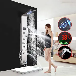 LED banyo duş musluk paslanmaz çelik dijital ekran banyo duş paneli kulesi duş başlığı seti şelale yağış masaj SPA fıskiyesi