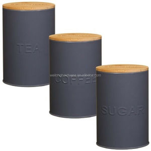 Boîte à pain en métal avec couvercle en bambou, lot de 4 pots de stockage, contenant de thé, sucre et café - Product Image 3