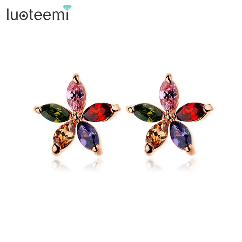 LUOTEEM Wholesale Free Shipping Summer Flower A AA+ Colorful Cubic Zirconia Ear Stud Rose Gold Plated Women Fashion Stud Earring
