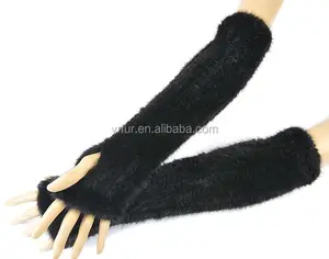 YR802C sarung tangan kulit bulu mink wanita, sarung tangan panjang rajut tanpa jari 40CM pabrik