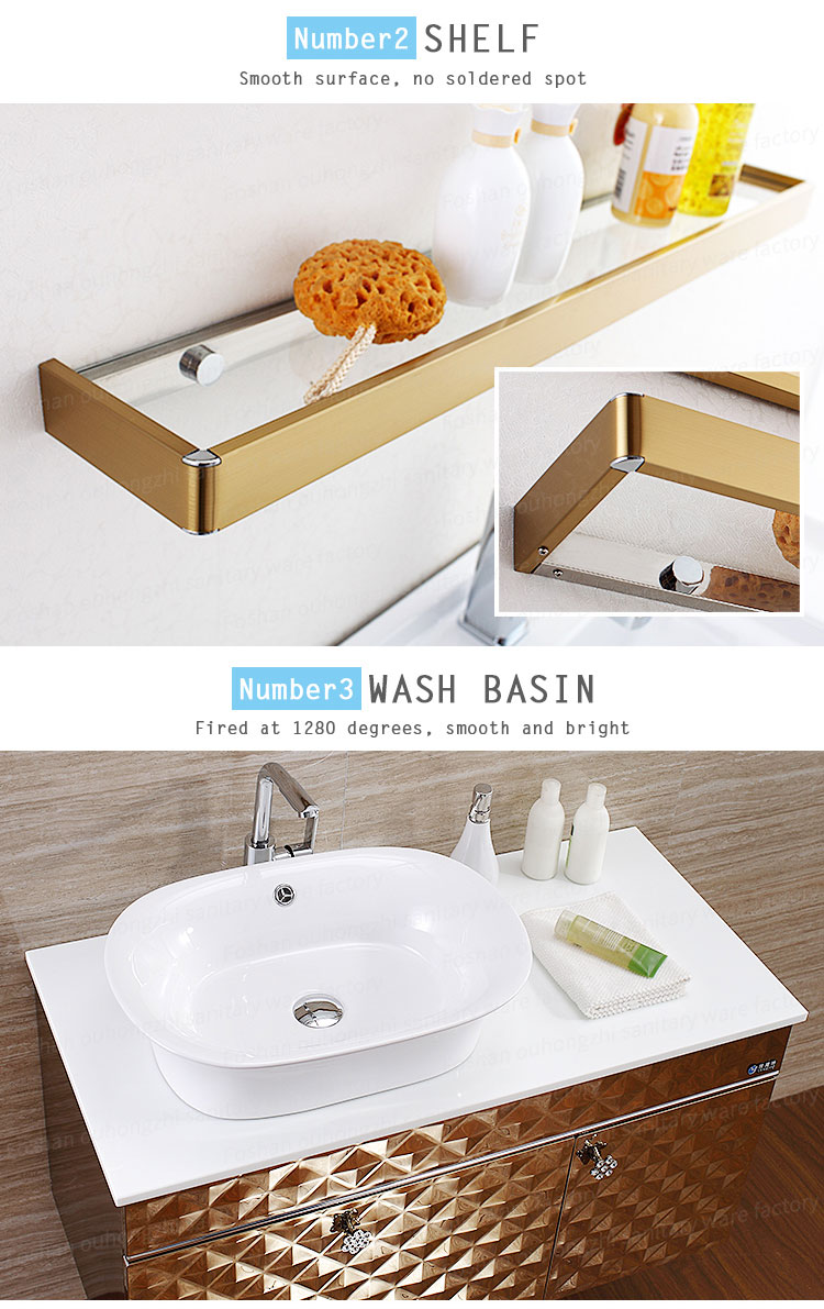 Luxury Royal Classic Gold Bathroom Waterproof Make Up Vanity Cabinet Units with Marble Countertop Single Sink for Home Furniture