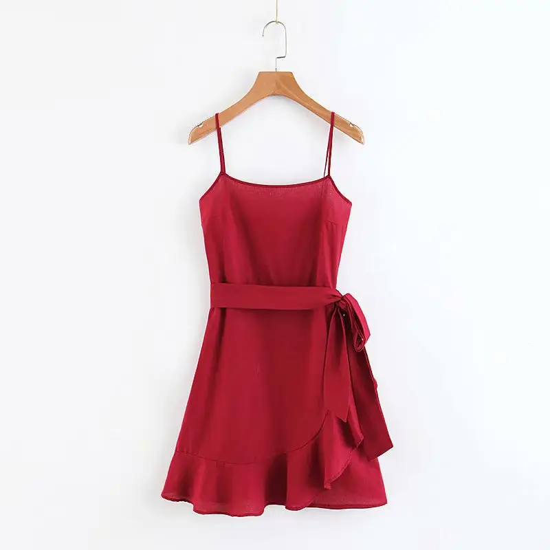 Women's solid color Spaghetti Strap lotus leaf lace short red dress