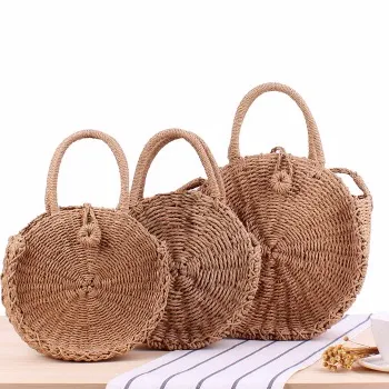 Round Straw Bag Handmade Rattan Woven Vintage Retro Straw Rope Knitted Women Crossbody Handbag Fresh Summer Beach Bag