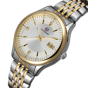 New Arrive Fashion Gold Skeleton Luxury Watch Forsining Supplies Men Classic Date 2 Tone Stainless Steel Quartz Wristwatch Man