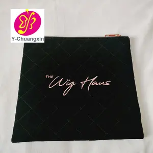 Tas Kosmetik Beludru, Kustom Logo Mawar Emas Bordir Debu Tas Ritsleting Tas Kosmetik Beludru