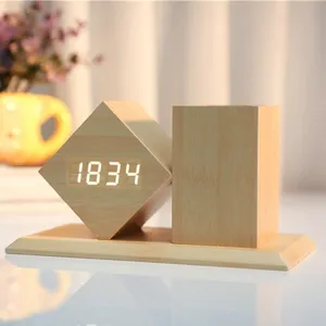 Mesa de estudio de madera pluma contenedor titular LED Digital reloj de alarma con temperatura de fecha y hora