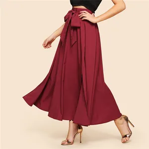 Последние элегантные узлом спереди молния сзади пушистая юбка для женщин Длинные повседневные штаны с разрезами по бокам и юбка