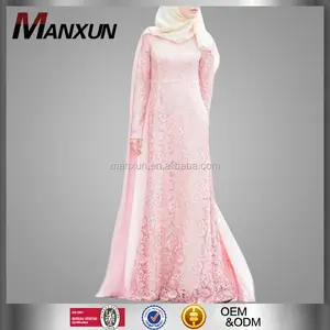 最新时尚迪拜穆斯林 Abaya 玫瑰女性开普蕾丝晚礼服长袖马克西礼服