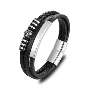 Men Wristband Triple Row Black Braided Leather Bracelet