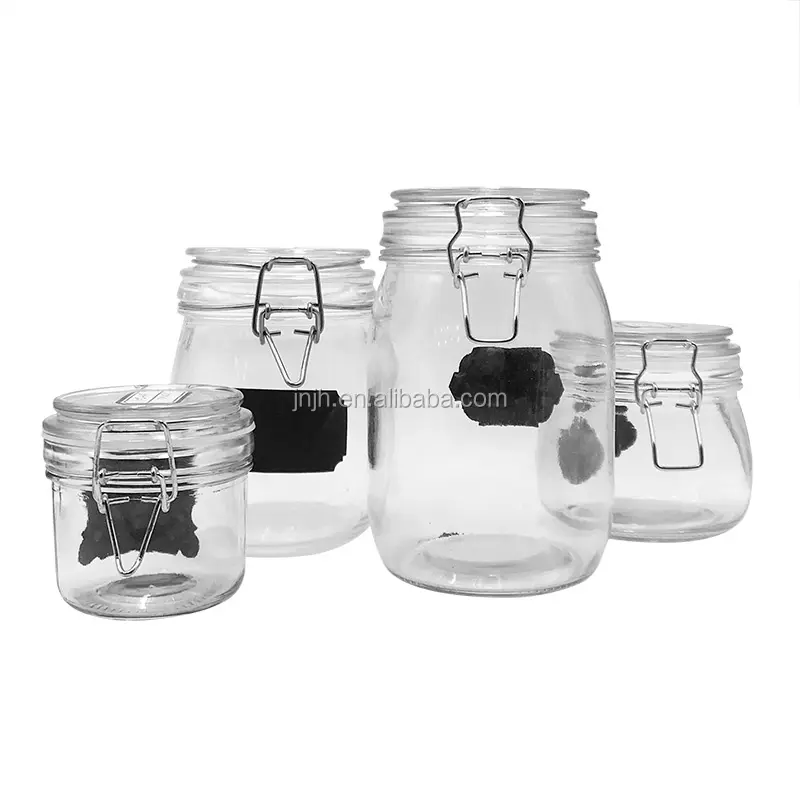 JNJH 750ml clear airtight canister glass jar with label and clip for food