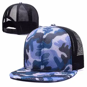 Zomer Ademend 6 Panel Leeg Trucker Hoed Platte Rand Mesh Camo Snapback Sport Cap