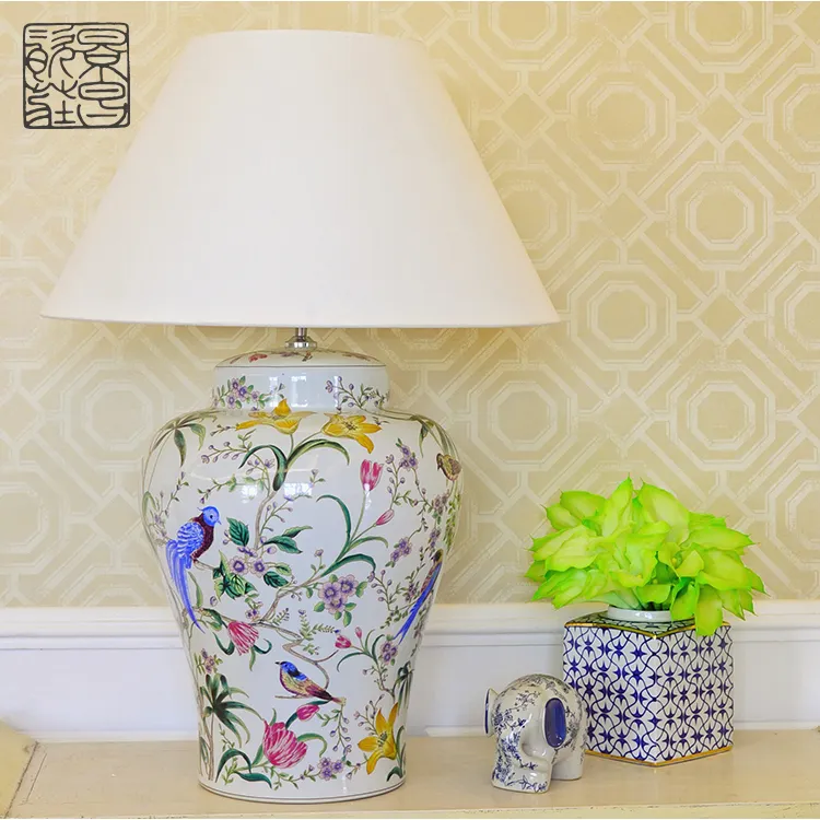 Lâmpada de mesa de cabeceira cerâmica, estilo chinês, flor e pássaros, padrão, lâmpada de cabeceira