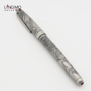 Caneta fonte de prata antiga de luxo lingmo, com logotipo personalizado, caneta de design oem