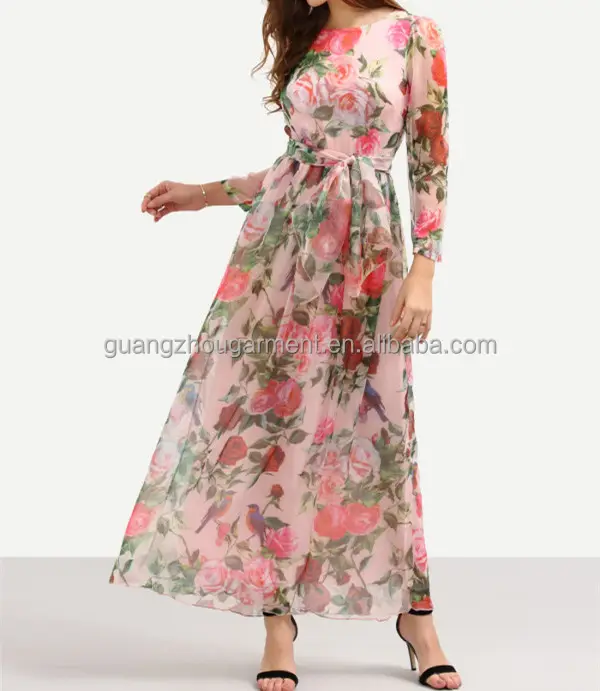 womens fashion stylish clothing oem Self-Tie Rose Print Chiffon Romantic Dress