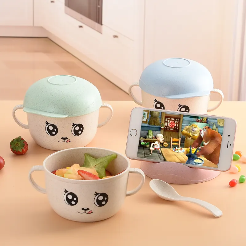 New wheat straw prevent hot children bowl with fork and spoon cutlery set cartoon baby eat rice bowl