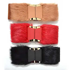 Cinturón elástico de pelo de poni para mujer, hebilla de dos piezas, 6,0 cm de ancho, a la moda, para invierno