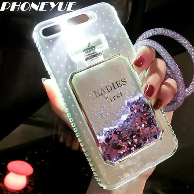 Luxury Call Flashing Bling Perfume Bottle Liquid Glitter Quicksand Paillette Heart Liquid case For iPhone 6/6 Plus/8/8 Plus/X