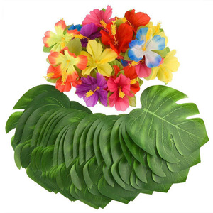 60 pièces de décorations de fête tropicales, feuilles de palmier et fleurs d'hibiscus hawaïennes, ensemble pour fête luau, décoration de table de plage jungle - Product Image 1