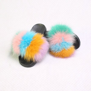 Multicolor toddler furry real fox rainbow fur slides/kids fluffy fur slides - Product Image 3