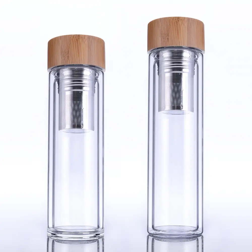 Garrafa personalizada 500ml, garrafa de vidro borosilicate de parede dupla com suporte longo para infusor de chá